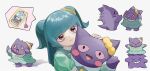 1girl :d ahuang arms_up blush_stickers buttons closed_mouth clothed_pokemon commentary dress gengar green_dress green_hair hair_ornament hair_scrunchie highres holding holding_pokemon long_hair multiple_views open_mouth pokemon pokemon_(anime) pokemon_(creature) poketoon purple_eyes scrunchie shoko_(pokemon) short_sleeves smile sweatdrop tied_hair tongue 