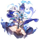  1girl armpits bad_link bare_shoulders black_boots black_thighhighs blue_cape blue_dress blue_wings boots breasts cape cerydra_(honkai:_star_rail) chess_piece crown detached_sleeves dress full_body fur-trimmed_cape fur_trim hair_ornament highres holding holding_scepter honkai:_star_rail honkai_(series) juliet_sleeves long_hair long_sleeves looking_at_viewer low_ponytail low_wings mini_crown official_art pawn_(chess) ponytail puffy_sleeves scepter single_thighhigh sleeveless sleeveless_dress small_breasts solo thighhighs unworn_cape white_hair wide_sleeves wings 
