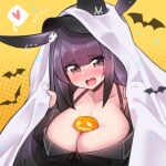  1girl alternate_breast_size arknights bat bed_sheet black_headwear black_jacket blush breasts cleavage collarbone commentary ditienan_ddn ears_through_headwear flying_sweatdrops gradient_hair hair_ornament halloween halloween_costume hat heart jack-o&#039;-lantern jacket large_breasts long_hair looking_at_viewer multicolored_hair official_alternate_costume open_mouth orange_eyes purple_hair rope_(arknights) rope_(imp&#039;s_house)_(arknights) skull_hair_ornament solo upper_body yellow_neckwear 