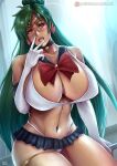  1girl arrow_earrings belt belt_skirt bishoujo_senshi_sailor_moon black_choker black_sailor_collar black_skirt bow bowtie bra breasts brooch choker circlet cleavage collarbone drooling elbow_gloves gloves gold_thighlet green_hair hair_bun huge_breasts jewelry kachima lips long_hair magical_girl meiou_setsuna midriff navel panties pleated_skirt red_bow red_bowtie red_eyes revealing_clothes sailor_collar sailor_pluto sailor_senshi_uniform sexually_suggestive single_hair_bun skirt solo tan thick_thighs thighs tongue tongue_out underwear v very_long_hair white_bra white_gloves white_panties 