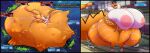 absurd_res anthro anthro_pred bandai_namco belly big_belly big_breasts breasts digestion digimon digimon_(species) digital_media_(artwork) english_text felid feline female female_pred fur hi_res huge_breasts huge_thighs hyper hyper_breasts hyper_thighs mammal markings meicrackmon nipples onomatopoeia orange_body orange_fur rumbling_stomach sound_effects tail text thick_thighs vore white_body white_fur ziravore