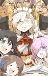  4boys 4girls black_hair blonde_hair blue_eyes braid brown_hair captain_nemo_(fate) cloak closed_eyes clothing_cutout detached_horns double_v earrings facial_hair fate/grand_order fate_(series) fujimaru_ritsuka_(male) glasses goredolf_musik hair_over_one_eye hat highres horns huge_horns jewelry jingle_abel_meuniere kankan33333 leonardo_da_vinci_(fate) leonardo_da_vinci_(rider)_(fate) mash_kyrielight multiple_boys multiple_girls mustache nemo_(fate) olga_marie_animusphere open_mouth purple_eyes purple_hair side_braid single_braid sion_eltnam_(type-moon) sion_eltnam_sokaris smile sweatdrop thumbs_up u-olga_marie u-olga_marie_(second_ascension) v white_hair yellow_eyes 
