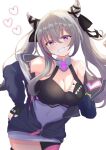  1girl absurdres asymmetrical_legwear azur_lane bare_shoulders black_gloves black_ribbon blue_jacket breasts cleavage cleavage_cutout clothing_cutout cowboy_shot eyebrows_visible_through_hair fingerless_gloves gloves grey_hair hair_horns hair_ribbon heart highres jacket large_breasts leaning_forward long_hair multicolored_hair off_shoulder open_clothes open_jacket purple_eyes purple_hair ribbon san_francisco_(azur_lane) simple_background smile solo standing streaked_hair sumisumi4268 twintails two-tone_hair very_long_hair white_background 