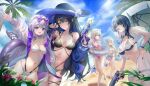  5girls absurdres animal_ear_fluff animal_ears beach bikini black_bikini black_hair black_hat blue_bikini blue_eyes blue_hair breasts cowboy_shot dog_ears dog_girl dog_tail eyewear_on_head fuwawa_abyssgard grey_hair group_picture hat highres holding holding_water_gun hololive hololive_english holonatsu_paradise ieris jacket koseki_bijou large_breasts long_hair mococo_abyssgard multicolored_hair multiple_girls nerissa_ravencroft ocean orange_hair palm_tree pink_bikini pink_eyes pink_hair sand shiori_novella short_hair small_breasts streaked_hair sun_hat sunglasses swimsuit tail tree two-tone_hair virtual_youtuber water water_gun white_bikini white_jacket 