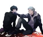 2boys alien_stage black_gloves black_hair black_jacket black_shirt black_shoes blood blood_on_ground commentary crying earrings gloves grey_hair highres hood hoodie ivan_(alien_stage) jacket jacket_over_hoodie jewelry knee_up male_focus multiple_boys sazare_(sazozo0) shirt shoes sitting symbol-only_commentary tears till_(alien_stage) white_hoodie 