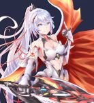  1girl absurdres armor bangs bare_shoulders black_background blue_eyes breasts cape cleavage earrings gauntlets grin hair_between_eyes highres holding holding_sword holding_weapon honkai_(series) honkai_impact_3rd index_finger_raised jewelry kiana_kaslana kiana_kaslana_(herrscher_of_flamescion) looking_at_viewer open_mouth ponytail simple_background smile sword teeth torn_cape torn_clothes weapon white_hair yang1413 