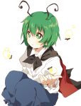  1girl antennae bangs black_cape blue_shorts bug cape clip_studio_paint_(medium) collared_shirt commentary_request eyebrows_visible_through_hair feet_out_of_frame firefly flat_chest green_eyes green_hair highres long_sleeves looking_at_viewer namori_(style) open_mouth red_cape sasaki_sakiko shirt short_hair shorts simple_background solo touhou two-sided_cape two-sided_fabric white_background white_shirt wriggle_nightbug 