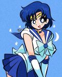  1girl bishoujo_senshi_sailor_moon blue_choker blue_eyes blue_hair blue_sailor_collar blue_skirt bow choker circlet earrings elbow_gloves gloves jewelry magical_girl mizuno_ami sailor_collar sailor_mercury sailor_senshi_uniform short_hair simple_background skirt smile solo them3j14 white_gloves 