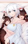  3girls :o absurdres akagi-chan_(azur_lane) alternate_costume amagi-chan_(azur_lane) animal_ears archery azur_lane bangs bed_sheet bell black_hair blue_eyes blunt_bangs brown_hair casual closed_eyes collarbone commentary_request contemporary drooling ear_down english_text eyebrows_visible_through_hair fox_ears fox_girl fox_print fox_tail hair_bell hair_between_eyes hair_ornament hair_ribbon hairband headpat height_difference highres hug hug_from_behind kaga_(azur_lane) long_hair looking_at_viewer lying multiple_girls on_side pajamas parted_lips purple_eyes ribbon samip short_hair sidelocks size_difference sleeping sleepover tail thick_eyebrows twintails white_hair wide-eyed 