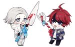  2boys :d ahoge aotsuki_eito black_gloves black_pants black_streaks blood blood_on_knife blue_eyes blue_jacket blue_ribbon chibi chibi_only dead_animal drawstring fish fork full_body glasses gloves grey_eyes grey_hair grey_jacket hand_on_own_hip holding holding_fork holding_knife hood hoodie jacket jacket_over_hoodie knife looking_at_object male_focus multicolored_hair multicolored_jacket multiple_boys oversized_object pants red_hair red_ribbon ribbon short_hair simple_background smile streaked_hair sumino_takumi the_hundred_line_-last_defense_academy- two-tone_jacket wa_ga_ne white_hoodie white_jacket white_pants 