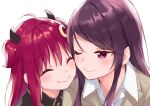  2girls ^_^ ahoge black_horns black_shirt blush brown_jacket cheek-to-cheek closed_eyes closed_mouth collared_shirt couple curved_horns earrings gundou_mirei happy hashtag-only_commentary heads_together highres hijiki_(hijikini) horns jacket jewelry long_hair multiple_girls nijisanji purple_hair red_eyes red_hair shirt simple_background small_horns smile stud_earrings upper_body virtual_youtuber white_background white_shirt yuri yuzuki_roa 