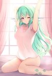  1girl animal_ears armpit_peek aurapls barefoot bottomless closed_mouth commentary convenient_leg curtains english_commentary feet_out_of_frame finana_ryugu green_hair hand_up head_fins highres indoors long_hair looking_at_viewer naked_shirt nijisanji nijisanji_en one_eye_closed pink_shirt purple_eyes see-through_silhouette shirt sitting solo stretch virtual_youtuber wariza window 