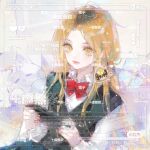  black_vest blonde_hair blue_skirt bocchi_the_rock! bow bowtie character_request check_character chinese_commentary closed_mouth collared_shirt commentary_request commission couch dagongren_baozai expressionless eyelashes handheld_game_console highres holding holding_handheld_game_console ijichi_nijika light_blush lipstick long_hair long_sidelocks long_sleeves looking_at_viewer low_twintails makeup nintendo_switch on_couch pink_lips playing_games pleated_skirt red_bow red_bowtie sample_watermark school_uniform shimokitazawa_high_school_uniform shirt sidelocks sitting skirt stuffed_animal stuffed_rabbit stuffed_toy too_many_watermarks twintails v-neck very_long_hair vest watermark weibo_watermark white_shirt xiaohongshu_watermark yellow_eyes 