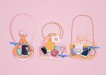  absurdres artist_name bag bottle cellphone commentary earbuds earphones english_commentary flower highres label meyoco no_humans original perfume_bottle phone pink_background pink_flower shiny simple_background smartphone sparkle strap transparent white_flower yellow_flower 