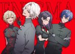  2boys 2girls black_choker black_dress black_gloves black_jacket blonde_hair blue_hair breasts bun_with_braided_base chinese_clothes choker curly_sidelocks curtained_hair double-parted_bangs dress earrings enigma_(nijisanji) fang floral_print flower from_side furen_e_lustario glasses gloves green_eyes grey_gloves grey_jacket group_picture hair_between_eyes hair_over_one_eye haruwo high_collar highres hoop_earrings jacket jewelry kuzuha_(nijisanji) large_breasts leos_vincent looking_at_viewer mandarin_collar meloco_kyoran multiple_boys multiple_girls nijisanji nijisanji_gta open_mouth pointy_ears puffy_short_sleeves puffy_sleeves purple_eyes purple_hair rectangular_eyewear red_eyes red_flower red_rose red_trim rimless_eyewear rose rose_print short_hair short_sleeves side_slit single_hair_intake smile tangzhuang upper_body vampire white_hair 
