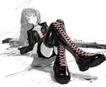 1girl arknights black_jacket blunt_bangs boots collared_jacket cross-laced_clothes cross-laced_top crossed_ankles detached_wings energy_wings greyscale gun halo hand_on_floor highres jacket lace-up_boots leaning_back lemuen_(arknights) long_hair long_sleeves looking_at_viewer monochrome on_floor on_ground rifle shirt sniper_rifle solo spot_color thigh_boots traditional_halo twitter_username weapon white_shirt wings zeradok 