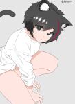 1girl animal_ear_fluff animal_ears black_eyes black_hair black_tail bow-shaped_hair cat_ears cat_tail english_commentary grey_background highres joints jun_(my_dystopian_robot_girlfriend) kemonomimi_mode koltra077 long_sleeves looking_at_viewer my_dystopian_robot_girlfriend robot robot_girl robot_joints shirt short_hair simple_background solo squatting tail thighs twitter_username white_shirt yellow_pupils 