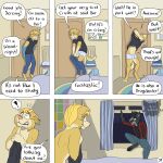 artist_logo backpack barefoot bedroom black_clothing black_hair black_shirt black_topwear blonde_hair blue_bottomwear blue_clothing blue_pants border_collie bottomwear break_in canid canine canis clothing clothing_on_chair collie comic complaining dialogue domestic_dog door duo english_text exclamation_point eye_contact feet flannel_shirt folded_clothing fur grey_body grey_fur hair herding_dog hi_res hoodie husky hybrid inside jeremy_(kriek_wildebeest) kriek_wildebeest logo looking_at_another male mammal multiple_scenes night nordic_sled_dog open_window page_number pants pastoral_dog removing_pants removing_shirt scared sheepdog shirt six_frame_image spitz tail talking_to_self text tom_(kriek_wildebeest) topwear underwear undressing wide_eyed window wolf yellow_body yellow_fur