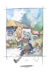  2girls animal_ears arknights black_headwear blonde_hair blue_coat blue_gloves blue_pants blush boots border brown_overalls carol_(arknights) carrying carrying_person coat commentary_request dust_cloud gloves grani_(arknights) grey_footwear grey_hair hair_between_eyes horse_ears house long_hair looking_at_another multiple_girls open_mouth outside_border overalls pants pejoywine running shirt white_border white_shirt |_| 
