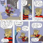 anthro artist_logo barefoot black_clothing black_shirt black_topwear blonde_hair border_collie boris_(kriek_wildebeest) bottomwear brother_(lore) brothers_(lore) canid canine canis cheek_tuft cigarette climbing_stairs clothing collie comic curly_hair dialogue domestic_dog door_slam duo english_text facial_tuft feet fur furniture hair herding_dog hi_res holding_cigarette holding_object holding_spray_can inside jeremy_(kriek_wildebeest) kriek_wildebeest logo lounging male mammal on_sofa page_number pants pastoral_dog pattern_clothing pattern_shirt pattern_topwear pawpads sarcasm scared sheepdog shirt sibling_(lore) six_frame_image sofa spraying striped_clothing striped_shirt striped_topwear stripes text topwear tuft upset yellow_body yellow_fur