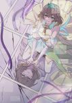  2girls absurdres bare_shoulders brown_hair crack cracked_floor detached_collar detached_sleeves different_reflection dreaminglum dress final_fantasy final_fantasy_xiv from_above glint green_eyes highres looking_at_viewer multiple_girls reflection short_hair sitting smile sphene_(ff14) thighhighs tiara wariza white_dress white_thighhighs 