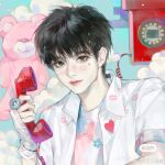  1boy asian bead_bracelet bead_necklace beads black_hair blue_background bracelet brown_eyes character_request closed_mouth cloud collared_shirt copyright_request corded_phone dagongren_baozai facial_tattoo hair_between_eyes heart heart_tattoo highres holding holding_phone jewelry light_blush light_particles light_smile lipstick looking_at_viewer makeup necklace nostrils open_clothes open_shirt phone pink_lips realistic ring shirt short_hair short_sleeves solo star_(symbol) star_necklace stuffed_animal stuffed_toy tank_top tattoo teddy_bear thick_eyebrows upper_body watermark weibo_watermark white_arm_warmers white_shirt white_tank_top xiaohongshu_watermark 
