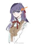 1girl arrow_(symbol) artist_name asymmetrical_bangs brown_vest buttons closed_mouth collared_shirt commentary cropped_torso dress_shirt english_commentary expressionless fate/stay_night fate_(series) hair_behind_ear hair_ribbon highres homurabara_academy_school_uniform long_hair long_sleeves looking_at_viewer matou_sakura neck_ribbon paopp9961 purple_eyes purple_hair red_ribbon ribbon school_uniform shirt simple_background sketch solo straight_hair vest watermark weibo_watermark white_background white_shirt wing_collar 