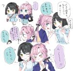  &gt;_&lt; ... 2girls ;) ? ahoge anyoji_hime black_hair black_ribbon blonde_hair blue_dress blue_jacket blue_pants blunt_bangs bob_cut brown_sandals chibi chibi_inset closed_mouth collared_jacket colored_speech_bubble dress flower flower_knot gradient_hair green_eyes hair_flower hair_intakes hair_ornament hair_ribbon highres jacket link!_like!_love_live! long_hair love_live! momose_ginko moso_(expect66) multi-tied_hair multicolored_hair multiple_girls multiple_views official_alternate_costume one_eye_closed open_clothes open_jacket pants pink_hair ponytail purple_shoes red_shirt ribbon sandals shirt shoes short-sleeved_jacket short_hair short_sleeves sleeveless sleeveless_dress smile speech_bubble spoken_ellipsis thick_eyebrows thought_bubble translation_request v-shaped_eyebrows virtual_youtuber 