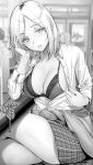  1girl blonde_hair braid breasts cleavage clothes_pull collared_shirt commentary_request crossed_legs gentsuki greyscale hand_up head_rest highres large_breasts lips looking_at_viewer monochrome original school_uniform seductive_smile shirt shirt_pull smile thick_thighs thighs unbuttoned undressing 