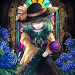  1girl adapted_costume bangs black_headwear black_legwear blue_flower blue_rose blurry bow breasts bright_pupils closed_mouth commentary_request crossed_legs depth_of_field embellished_costume floral_print flower frills green_eyes green_hair green_skirt hair_between_eyes hat hat_bow indoors komeiji_koishi light_rays long_sleeves medium_breasts medium_hair nostrils one_eye_closed pantyhose re_(re_09) rose shirt skirt solo stained_glass third_eye touhou wide_sleeves yellow_bow yellow_shirt 