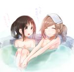  2girls bathing breasts brown_eyes brown_hair choppy_bangs closed_eyes closed_mouth commentary_request futaribeya hand_on_own_thigh kawawa_sakurako long_hair looking_at_another medium_breasts multiple_girls nude official_art onsen open_mouth outstretched_arms parted_bangs partially_submerged stretching talking towel towel_on_head translation_request water water_drop wet yamabuki_kasumi yukiko_(tesseract) 