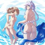  2girls arthur_ko ass bangs beast blue_eyes blue_sarong braid breasts butt_crack commentary_request commission cowboy_shot double_bun feet_out_of_frame from_behind hair_flaps halterneck holding kantai_collection light_brown_hair long_hair looking_at_viewer looking_back medium_breasts michishio_(kancolle) mole mole_under_eye multiple_girls nipples nude open_mouth parted_bangs remodel_(kantai_collection) sarong short_hair short_twintails silver_hair single_braid small_breasts standing twintails umikaze_(kancolle) very_long_hair water 