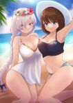  2girls absurdres anastasia_(fate) anastasia_(swimsuit_archer)_(fate) arm_behind_head arm_up armpits bangs bare_shoulders beach bikini black_bikini blue_bikini blue_eyes blue_sky blush bow braid breasts brown_hair charlotte_corday_(fate) charlotte_corday_(swimsuit_caster)_(fate) cleavage collarbone dress dress_swimsuit fate/grand_order fate_(series) flower_wreath green_eyes grin hair_bow hair_over_one_eye hat head_wreath highres karen1o27 large_breasts long_hair looking_at_viewer mismatched_bikini multiple_girls navel ocean shore short_hair side_braid silver_hair sky smile sun_hat swimsuit thighs twin_braids very_long_hair white_dress white_headwear 