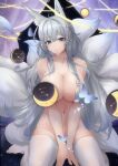  1girl absurdres animal_ear_fluff animal_ears areola_slip areolae azur_lane blue_butterfly blue_eyes breasts bug butterfly convenient_censoring eyebrows_visible_through_hair fox_ears fox_girl fox_tail grey_hair hair_censor highres huge_breasts kitsune kyuubi large_tail long_hair moon_phases multiple_tails nude on_floor seiza shinano_(azur_lane) sitting solo tail thighhighs v_arms white_legwear white_tail zhuang_yu_pizza 