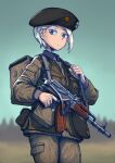  1girl ak-74 aks-74 assault_rifle backpack bag beret breasts commentary east_german erica_(naze1940) german_commentary grey_eyes gun hat highres holding holding_gun holding_weapon kalashnikov_rifle looking_at_viewer military military_uniform mpi-kms mpi-ks-74n nva_uniform original rifle short_hair solo uniform weapon white_hair 