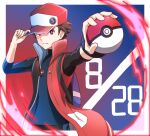  1boy backpack bag baseball_cap black_shirt border bright_pupils brown_hair closed_mouth coat commentary_request energy hand_on_headwear hat highres holding holding_poke_ball kooeiatd111020 looking_at_viewer male_focus open_clothes open_coat outstretched_arm poke_ball poke_ball_(basic) pokemon pokemon_(game) pokemon_masters_ex purple_eyes red_(pokemon) red_coat red_headwear shirt short_hair sleeveless_coat sleeves_past_elbows solo spiked_hair white_border white_pupils 