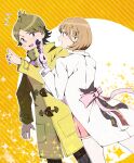  1boy 1girl :d artist_request bow breasts brown_eyes brown_hair coat energy_gun gamon_yuuta hair_ornament hairclip highres holding_ray_gun lab_coat long_sleeves narusawa_ryouka occultic;nine pink_bow ray_gun science_adventure short_hair smile sweatdrop weapon yellow_background yellow_coat 