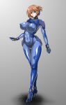  1girl alternate_costume armor blue_bodysuit blue_eyes bodysuit breasts brown_hair cameltoe commission covered_navel covered_nipples folded_ponytail full_body high_heels impossible_bodysuit impossible_clothes komaki_manaka large_breasts looking_at_viewer lyrical_nanoha mahou_shoujo_lyrical_nanoha_strikers mind_control nado.e numbers&#039;_uniform pixiv_commission science_fiction shiny_clothes short_hair skin_tight solo standing to_heart_(series) to_heart_2 