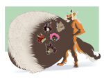 absurd_res anthro belly big_belly blonde_hair body_hair canid canine digestion digestion_implied facial_hair hair hi_res highlights_(coloring) huge_belly lynn_(malachivolta) malachi_volta male mammal maned_wolf mass_vore moobs nipples nombonanza nude orange_body overweight simple_background solo stickers_on_body sylo_(malachivolta) tail vore