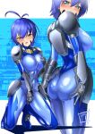  1girl antenna_hair ass blue_bodysuit blue_hair blush bodysuit breasts covered_navel facial_mark gauntlets green_eyes highres hip_armor impossible_bodysuit impossible_clothes latex latex_bodysuit looking_at_viewer lyrical_nanoha mahou_shoujo_lyrical_nanoha numbers&#039;_uniform open_mouth shiny_clothes short_hair skin_tight smile solo subaru_nakajima wata_nuki 