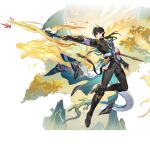  1boy bad_link black_boots black_hair black_pants black_shirt boots dan_heng_(honkai:_star_rail) dan_heng_(permansor_terrae)_(honkai:_star_rail) dragon dragon_boy dragon_horns dragon_tail full_body hadanugi_dousa hair_between_eyes highres holding holding_polearm holding_weapon honkai:_star_rail honkai_(series) horns knee_boots long_hair long_sleeves looking_at_viewer male_focus official_alternate_costume official_art pants pointy_ears polearm shirt solo tail weapon white_shirt 