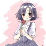  1girl black_hair brown_eyes character_request closed_mouth collared_shirt flower grey_skirt highres holding holding_flower idolmaster idolmaster_cinderella_girls looking_at_viewer parted_bangs pink_background puffy_short_sleeves puffy_sleeves red_flower rino_cnc shiragiku_hotaru shirt short_hair short_sleeves skirt smile solo spider_lily striped_clothes striped_skirt suspender_skirt suspenders two-tone_background vertical-striped_clothes vertical-striped_skirt white_background white_shirt 