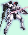  arm_cannon beam_saber green_background gundam gundam_wing highres holding holding_sword holding_weapon kimizuka_aoi mecha mobile_suit no_humans science_fiction shield sword tallgeese thrusters visor weapon 