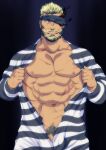  1boy abs balor_(housamo) bara bare_pectorals beard black_hair blonde_hair blue_eyes bulge come_hither cowboy_shot dark-skinned_male dark_skin facial_hair flaming_eye goshingo1 headband looking_at_viewer male_focus male_pubic_hair mature_male multicolored_hair muscular muscular_male naked_costume navel nipples open_clothes pectorals penis penis_peek prison_clothes pubic_hair scar scar_on_chest scar_on_stomach short_hair solo stomach tokyo_afterschool_summoners two-tone_hair 