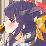  1girl alternate_hairstyle black_hair black_horns blue_archive blush bow brown_background commentary_request covered_mouth demon_girl demon_horns earrings eyelashes food food-themed_earrings food-themed_hair_ornament fork fruit fuuka_(blue_archive) hair_on_horn hair_ornament hair_over_shoulder halo hand_up heart highres holding holding_fork horns jewelry long_hair looking_at_viewer orange-shaped_earrings orange_(fruit) orange_bow orange_hair_ornament orange_slice ponytail portrait profile red_eyes red_halo sidelocks sideways_glance simple_background solo straight_hair tanabata_natsuki 