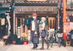  1boy 1girl ahoge artoria_pendragon_(fate) baboteolsegongsa bag baguette blonde_hair braid braided_bun bread emiya_shirou fate/stay_night fate_(series) food grocery_bag hair_bun highres realistic red_hair saber_(fate) shopping_bag skirt 
