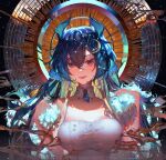  1girl bangs blue_hair breasts cleavage cloud9 crescent crescent_hair_ornament detached_collar diyokama dragon_girl dragon_horns fangs hair_ornament hand_on_own_shoulder highres horns long_hair looking_at_viewer medium_breasts open_mouth red_eyes smile vienna_(vtuber) virtual_youtuber 