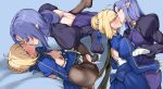  2girls absurdres ahoge artoria_pendragon_(fate) backless_dress backless_outfit blonde_hair blue_dress blush braid braided_bun breasts closed_eyes commission dress fate_(series) fingering french_kiss hair_bun hair_ribbon highres honkai:_star_rail honkai_(series) kiss long_hair medea_(caster)_(fate) medea_(fate) medium_breasts multiple_girls multiple_views nipples open_clothes open_dress pantyhose pixiv_commission pointy_ears purple_dress purple_hair ribbon saber_(fate) saber_(honkai:_star_rail)_(fate) saliva shion1350 short_hair spread_legs tongue tongue_out torn_clothes torn_pantyhose yuri 