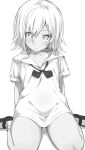  1girl absurdres bow bowtie collarbone expressionless eyebrows_visible_through_hair fankupl greyscale highres long_shirt looking_at_viewer loose_bowtie mary_janes monochrome original sailor_collar seiza shirt shoes short_hair sitting sketch socks solo spaghetti_strap t-shirt tan tanlines 