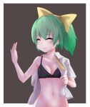  1girl bangs black_bra bow bow_bra bra breasts brown_background closed_eyes closed_mouth commentary_request cookie_(touhou) daiyousei diyusi_(cookie) eyebrows_visible_through_hair green_hair hair_bow highres medium_hair navel no_panties off_shoulder ponytail shirt short_sleeves simple_background small_breasts solo touhou underwear undressing upper_body white_shirt yan_pai yellow_bow yellow_neckwear 